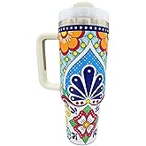 Kuali Tonaltin 40oz Stainless Steel Insulated Tumbler, Colorful Design, Leak Resistant Lid with Straw, Travel, Cup Holder Friendly, Eco-Friendly, Re-Usable, Talavera