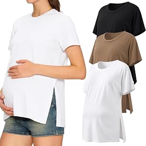 3 Pack Women's Maternity Shirts, Crew Neck Pregnancy Clothes Short Sleeve | Crew Neck, Side Split, Pregnancy Tee, Casual Ward