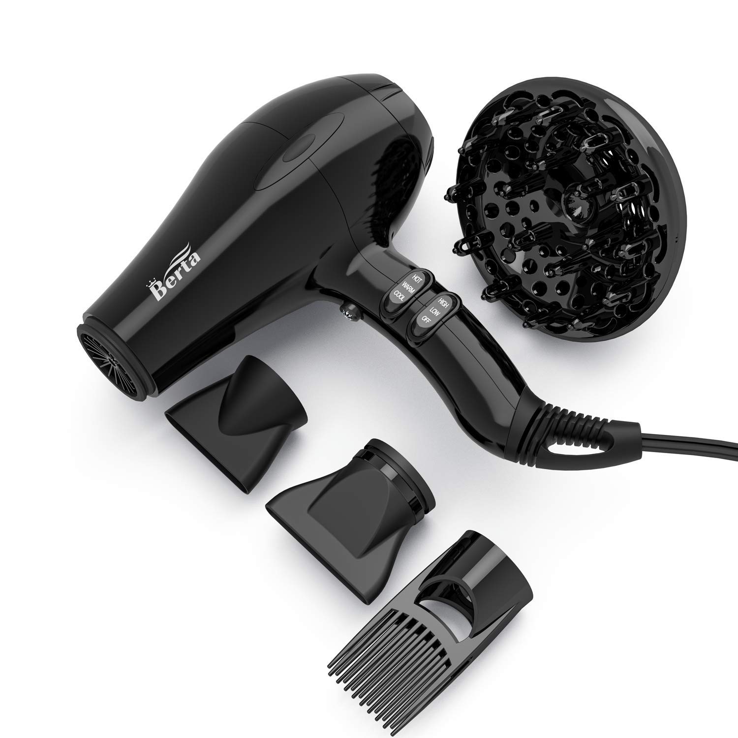 Berta Hair Dryer, Professional Ionic Salon Hair Dryer, Powerful 1875 watt Ceramic Tourmaline Blow Dryer, Quiet Hair dryer with Diffuser & 2 Concentrator Nozzle & Comb Attachments - Black