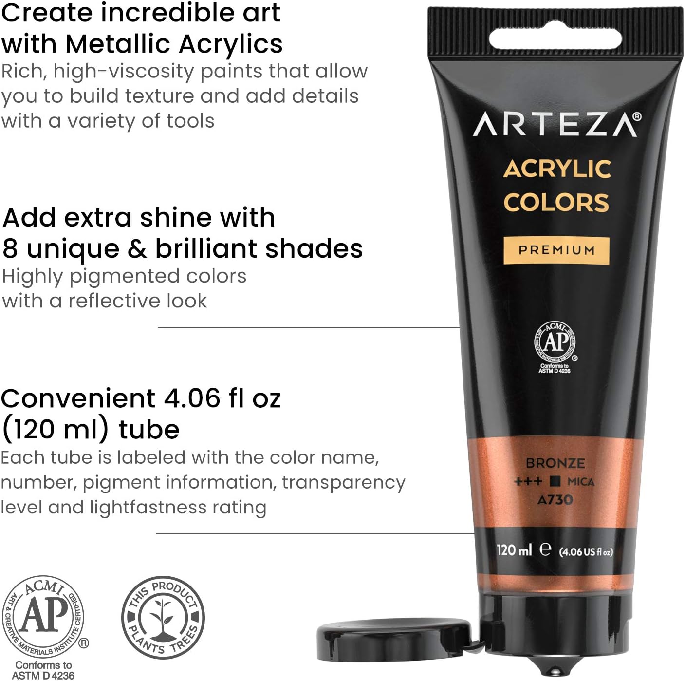 Arteza Metallic Acrylic Paint, Set of 8 Metallic Colors in 4.06oz/120ml Tubes, Rich Pigments, Non Fading, Non Toxic Paints for Artists & Hobby Painters, Art Supplies for Canvas Painting: Home Improvement