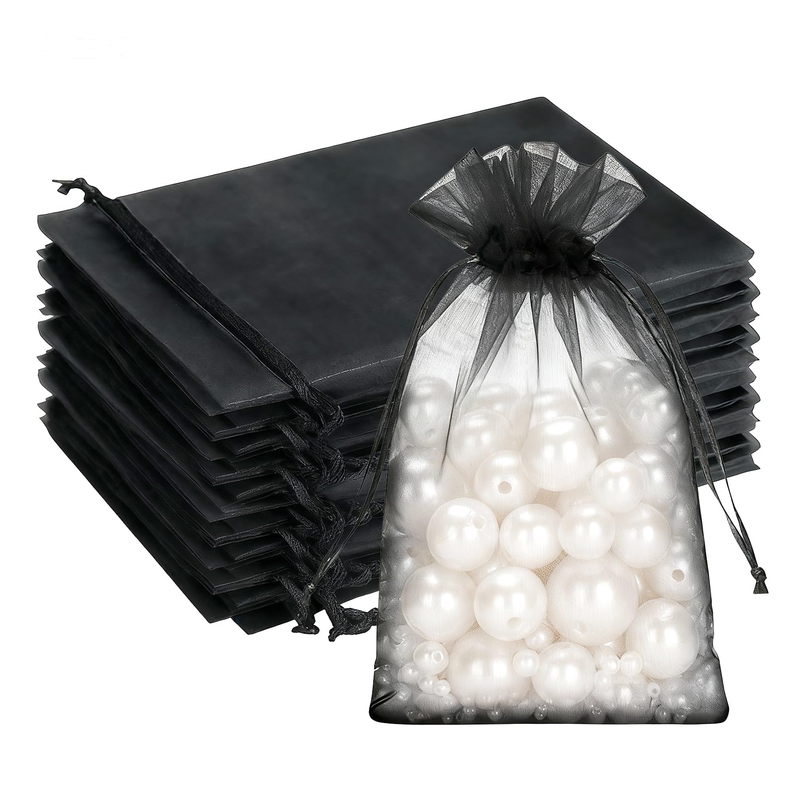 G2PLUS Black Organza Gift Pouches, 10x15 CM Medium Organza Favour Bags, 100 PCS Wedding Jewelry Bags, Clear Mesh Pouches Perfect for Wedding, Christmas, Birthday, Anniversary