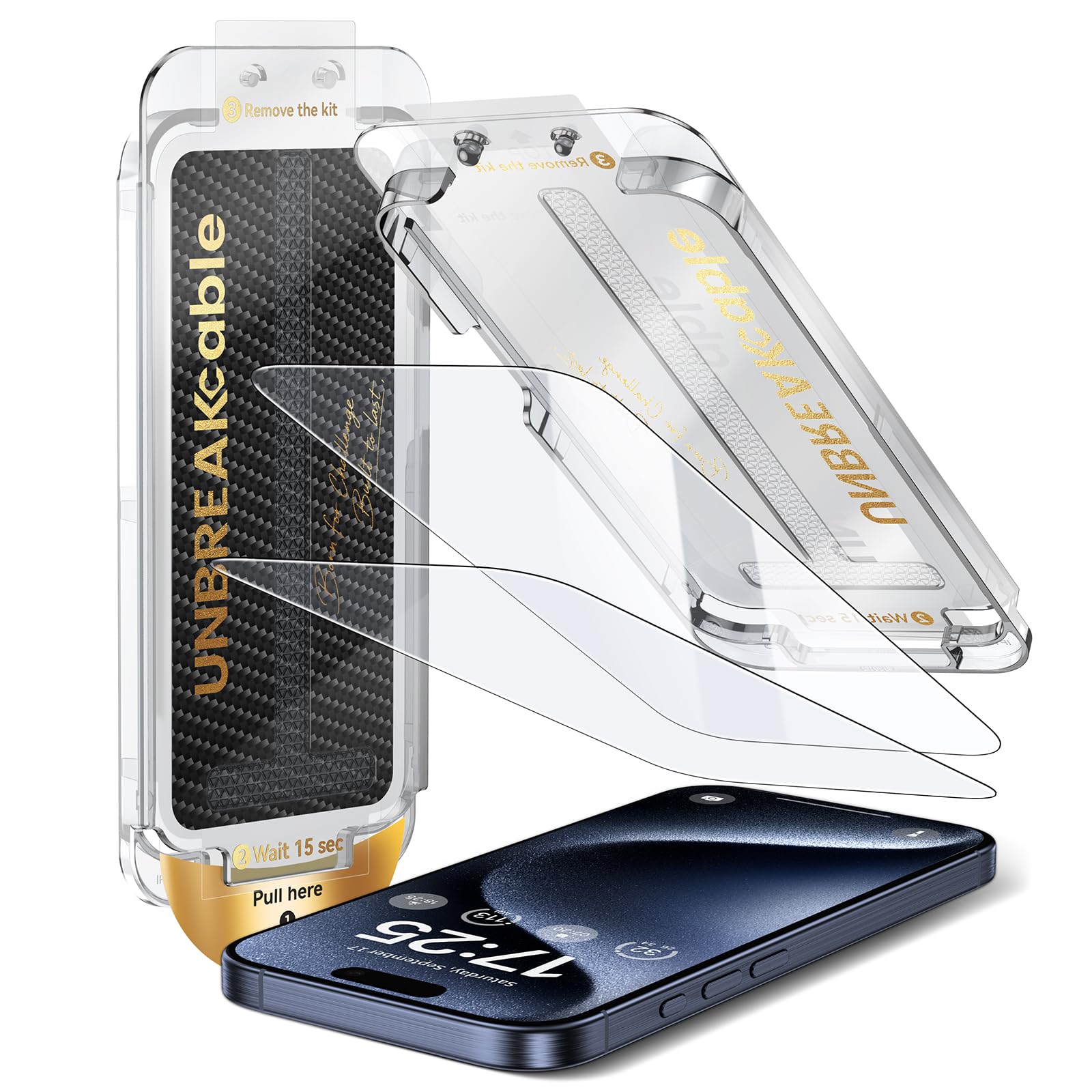 Photo 1 of UNBREAKcable Screen Protector for iPhone 15 Pro Max, Pull-To-Protect Easy Installation, Auto Dust-Elimination, 9H+ Military-Grade Tempered Glass, Bubble-Free, Case Friendly, HD Clear, 6.7 Inch, 2 Pack
