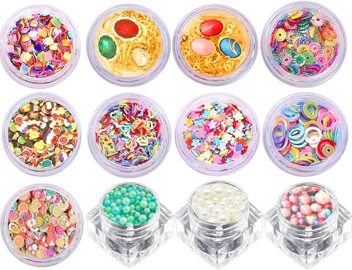 Mlambor 12 Jars DIY Art Craft Slime Nail Charms with Glitter Confetti Sequins, Fruit Cake Fimo Slice, Mermaid Pearl, Mix Gold Alloy Rivets Nail Studs, and 3D Shining Alloy Rhinestones Gem