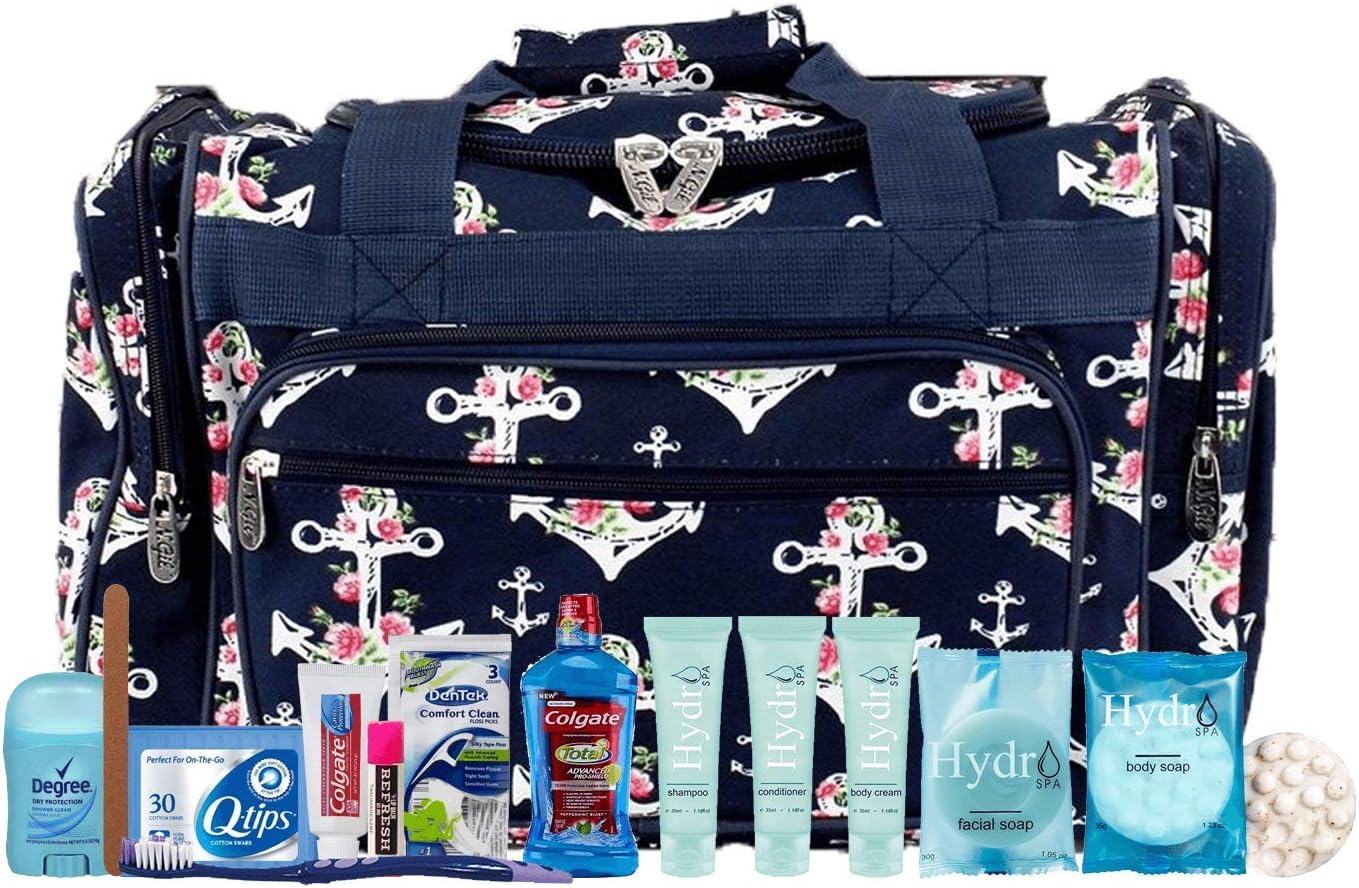Maternity Hospital Labor Duffle Bag For Birth, With Pre-packed Toiletry Bag - Floral Blue Anchors