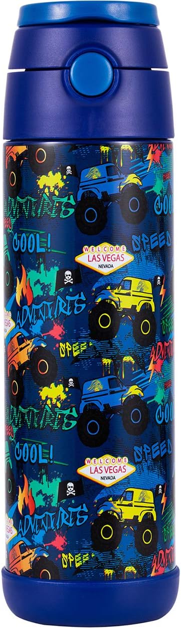 Snug Flask for Kids - Vacuum Insulated Water Bottle with Straw (Monster Trucks, 17oz)