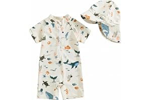JiAmy Toddler Baby Boy Swimsuit with Sun Hat Short Sleeve Zip Up Rash Guard Sun Protection Beach One Piece Bathing Suit 6M-5Y