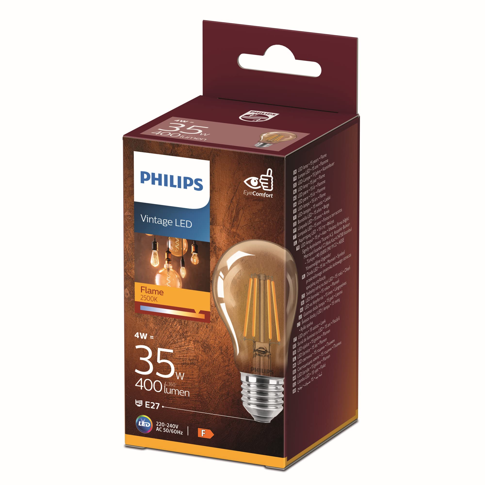 Philips LED Classic E27 Vintage Lamp, 35 W, A60, Vintage Decorative Lamp, Gold, Warm White