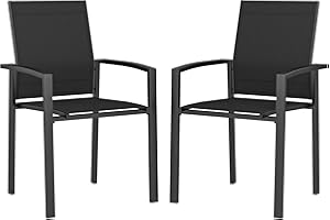 Outsunny Patio Chairs Set of 2, Stackable Outdoor Patio Dining Chairs with Breathable Mesh Seat and Backrest, Armrests, Steel