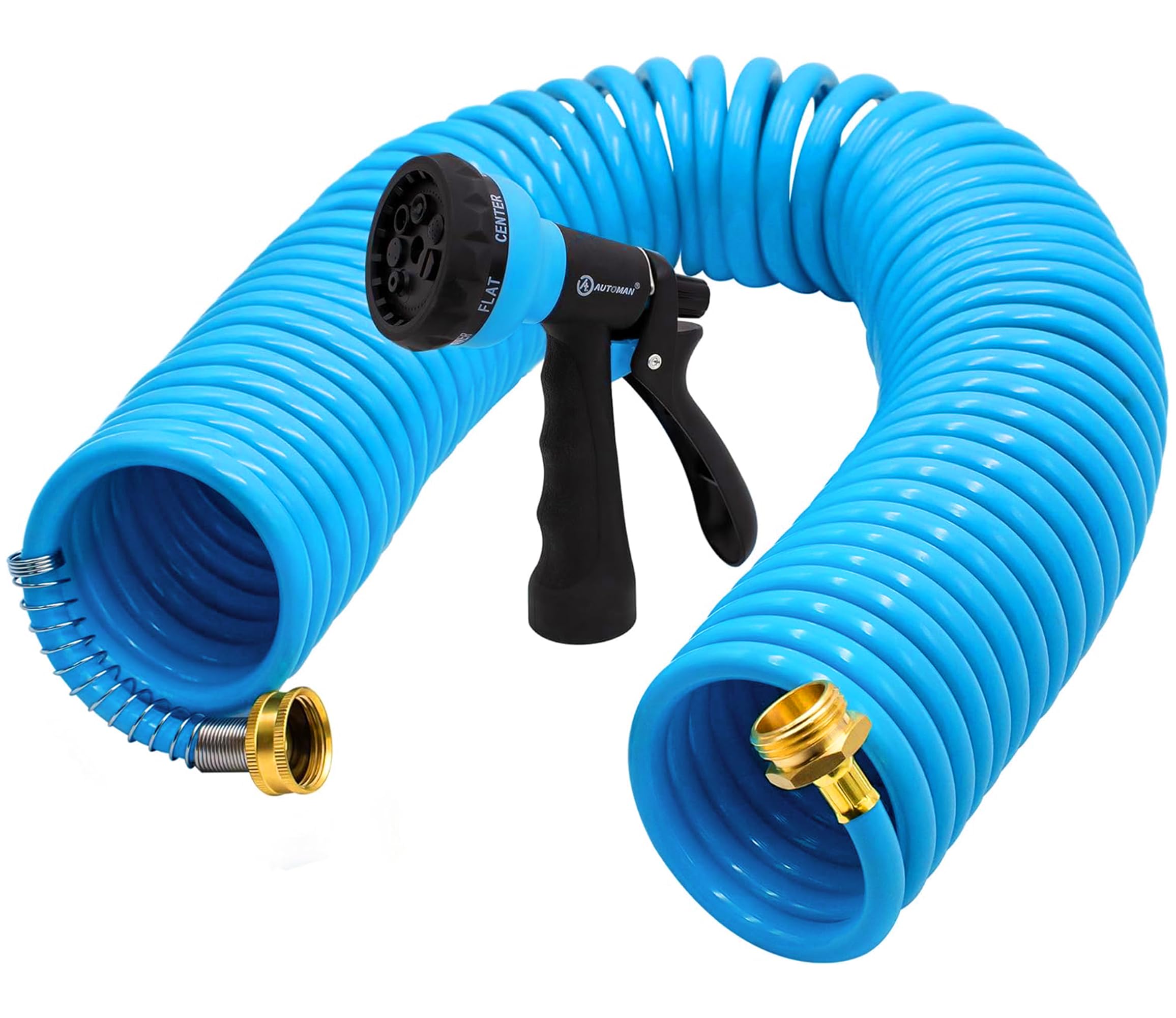 Photo 1 of AUTOMAN Coil Garden Hose 50 ft, EVA Curly Water Hose with Brass Connectors, Recoil Garden Water Hose,Includes 7-Pattern Function Sprayer,Retractable,Corrosion Resistant Garden Coil Hose.