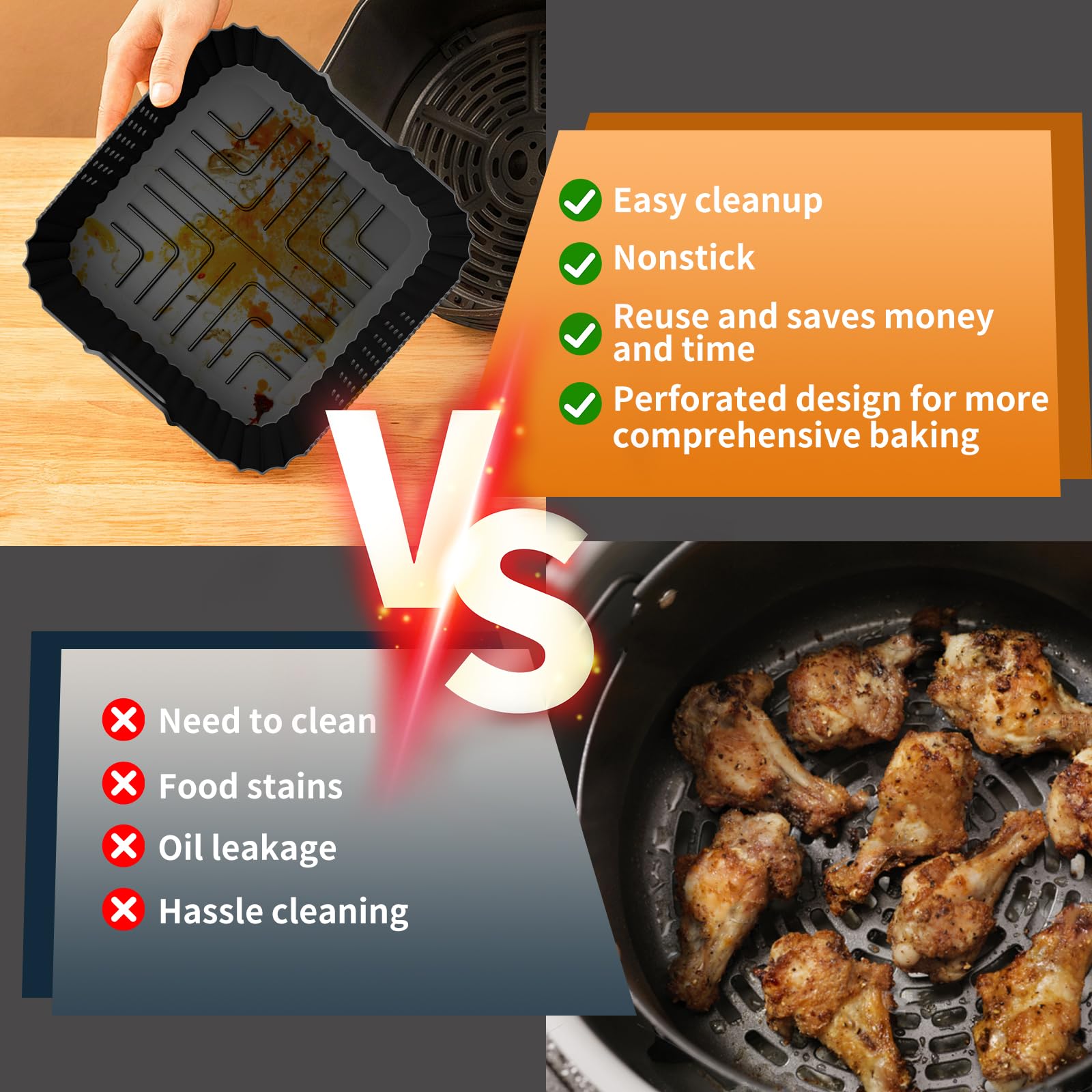 HOMELYLIFE Air Fryer Silicone Liners for Ninja AF141 AF142 5QT & AF181 6.5 QT AirFryer, Air Fryer Accessories for Cosori 5QT/6QT, 2 Pcs Reusable Square Liners for Instant 6Qt &Other 4.5-7QT AirFryer