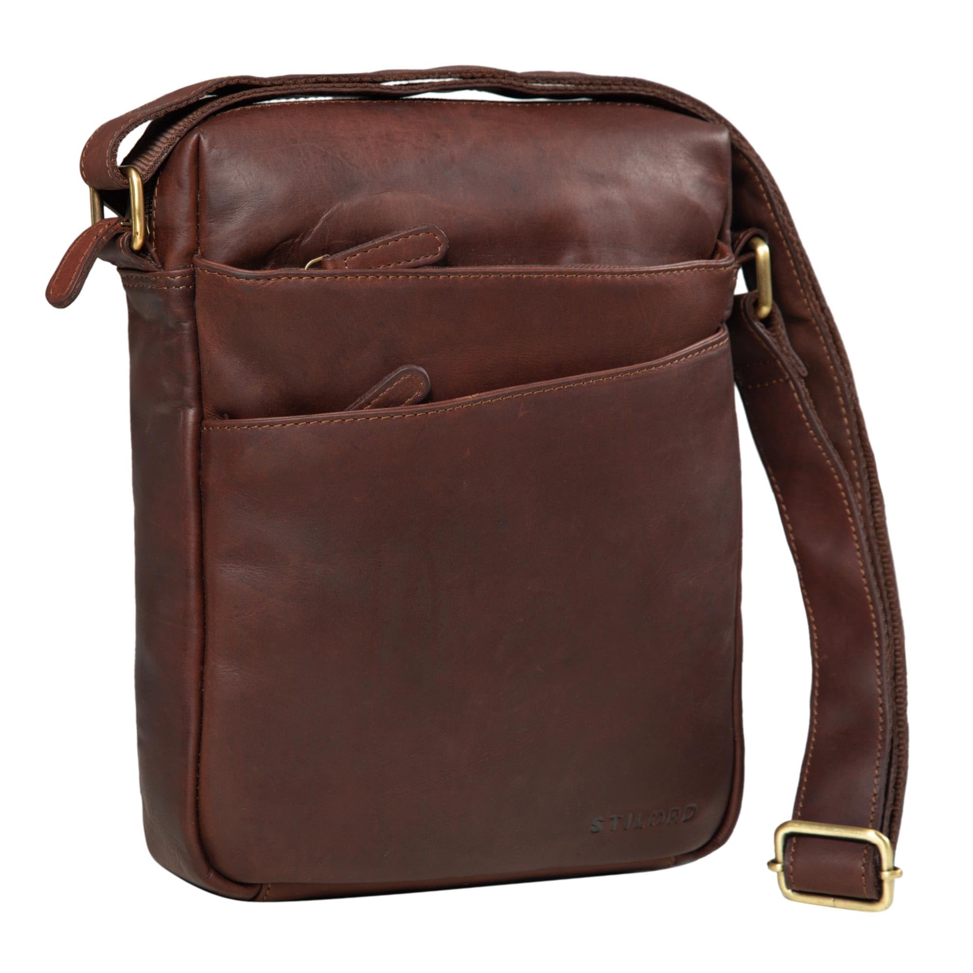 STILORD "Pia" Cross-Body Bag for Women Leather Vintage Handbag Shoulder Bag Everyday Retro Bag Messenger Bag Top Zip for iPad Genuine Leather Colour:Cognac Dark Brown