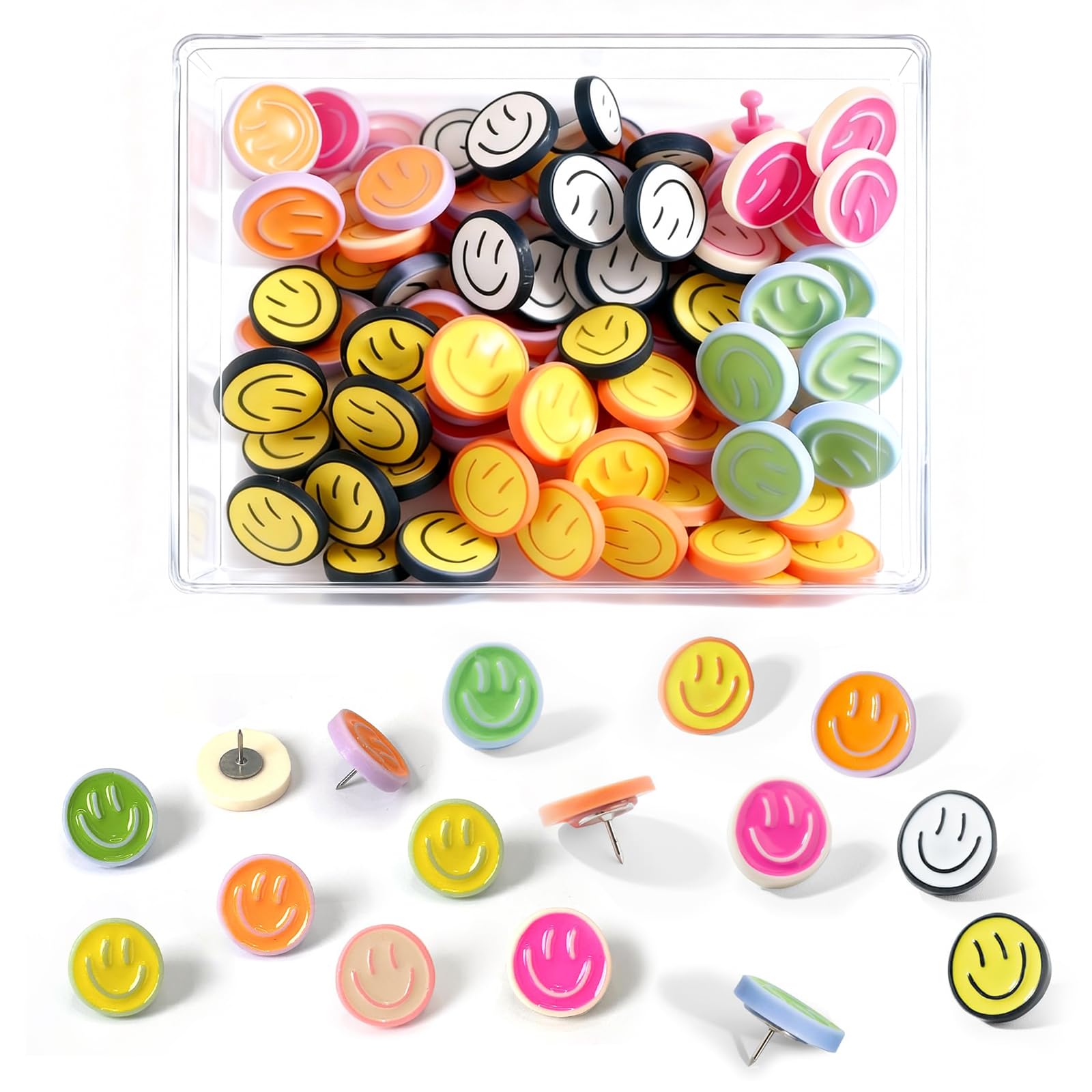 Photo 1 of 100 Pcs Smile Face Push Pins, Colorful Decorative Happy Face Thumb Tacks Cute Bulletin Board Push Pins Cork Board Thumbtacks for Office Home Organization Classroom Wall Decor