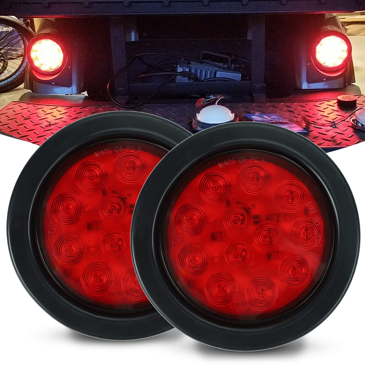 Photo 1 of FSBCGT 2Pcs 4" Round Red LED Trailer Tail Lights, Grommet Plug 12 LED Waterproof Stop Turn Signal Stop Brake Trailer Lights for Tractor Truck Bus Lorries Jeep RV