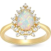MORGAN & PAIGE .925 Sterling Silver 14K Gold Plated Pear Shaped Opal Ring for Women - Scalloped White Sapphire Sparkling Halo Design Sterling Silver Rings, Hypoallergenic Jewelry for Her Size 7