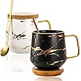 Peohud 2 Pack Porcelain Coffee Mugs Set, 14 OZ Marble Coffee Cups with Lid and Spoon, Large Gold Tea Mugs for Latte, Cappucci