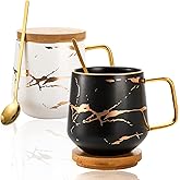 Peohud 2 Pack Porcelain Coffee Mugs Set, 14 OZ Marble Coffee Cups with Lid and Spoon, Large Gold Tea Mugs for Latte, Cappucci