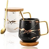 Peohud 2 Pack Porcelain Coffee Mugs Set, 14 OZ Marble Coffee Cups with Lid and Spoon, Large Gold Tea Mugs for Latte, Cappucci
