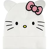 Hello Kitty Beanie Hat, Adult Acrylic Knitted Winter Cap with 3D Ears and Bow, White, One Size