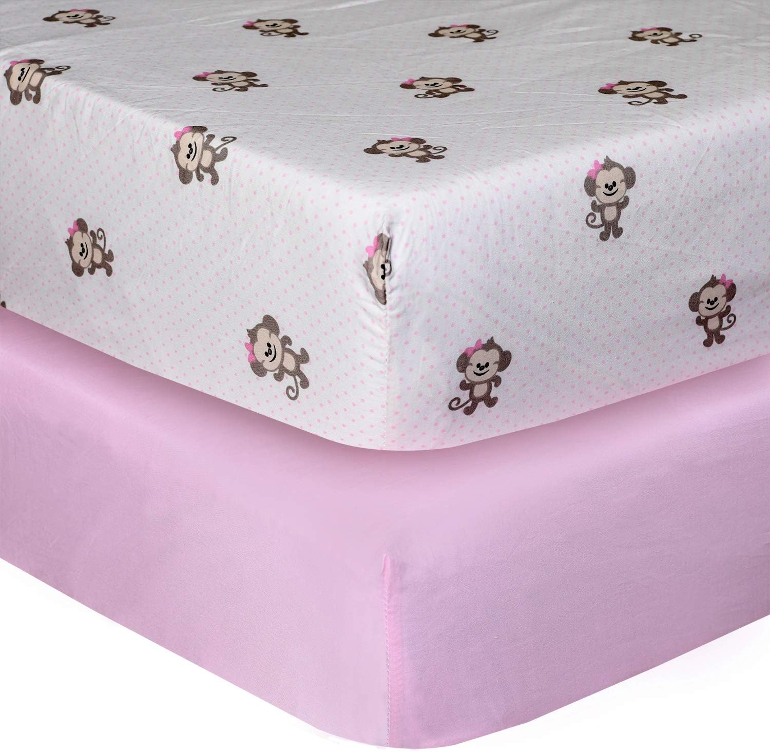 Cuddles & Cribs 2 Pack GOTS Certified Organic Cotton Fitted Crib Sheet - Monkey Pink