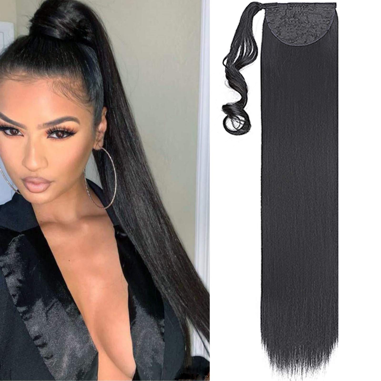 32" Straight Wrap Around Ponytail Clip In Hair Extensions Silky One Piece Long Hairpiece For Women Beauty - Dark Black