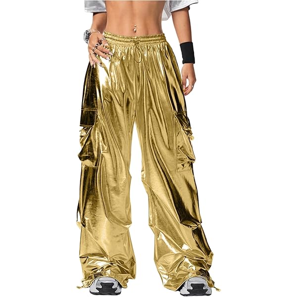 OYOANGLE Women's Metallic Drawstring High Waisted Y2K Cargo Pants