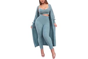 Fixmatti Women's Fuzzy Fleece 3 Piece Lounge Set Crop Tops Leggings Long Cardigan Knitted Sweatsuit Outfits