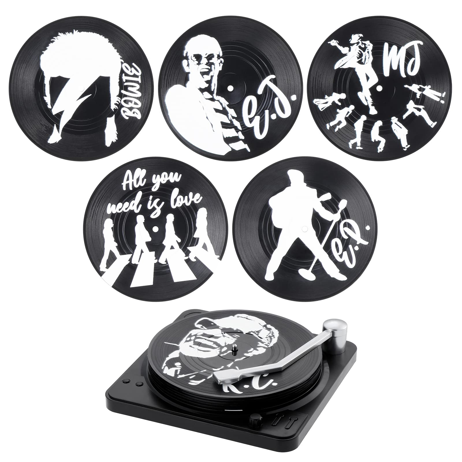 Coolty Retro CD Vinyl Record Coasters 6 Pack Drink Coasters with Record Player Holder for Coffee Tea Beer Mug Wine Bars Cafes Home Party Office