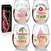 CNVOILA 18oz Christmas Wine Glasses, Funny Christmas Glasses Drinkware, Set of 4 Friendsgiving Wine Glasses for Women - White Elephant Gifts for Adults