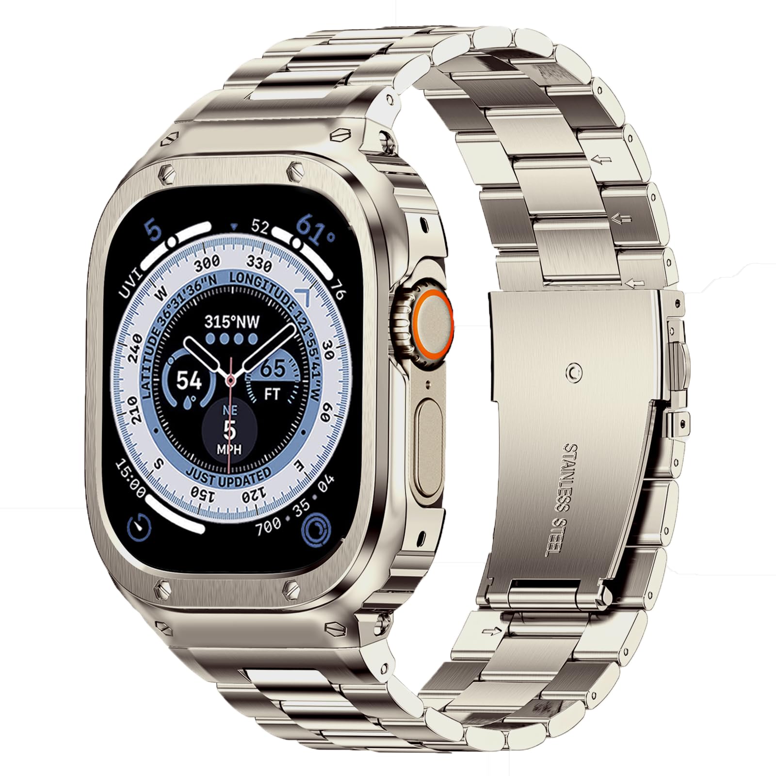 Photo 1 of MioHHR Stainless Steel Band and Case Compatible with Apple Watch Band 49mm, Men Metal Protective Bumper Cover for iWatch Series Ultra 3/2/1, Titanium Color