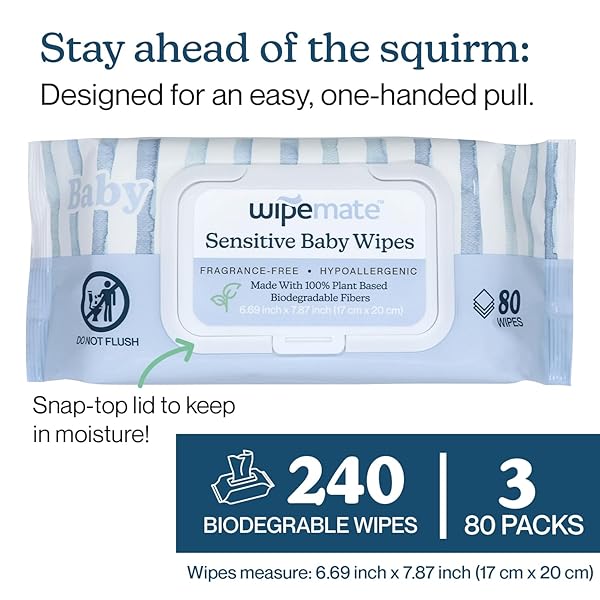 WIPEMATE EWG-VERIFIED PREMIUM BABY WIPES, 99% WATER-BASED, PLASTIC-FREE, ULTRA-SOFT PLANT-BASED WIPE, CHLORINE/ALCOHOL-FREE, PH-BALANCED, HYPOALLERGENIC CRUELTY-FREE WITH DURABLE FLIP-TOP LID 240-CT