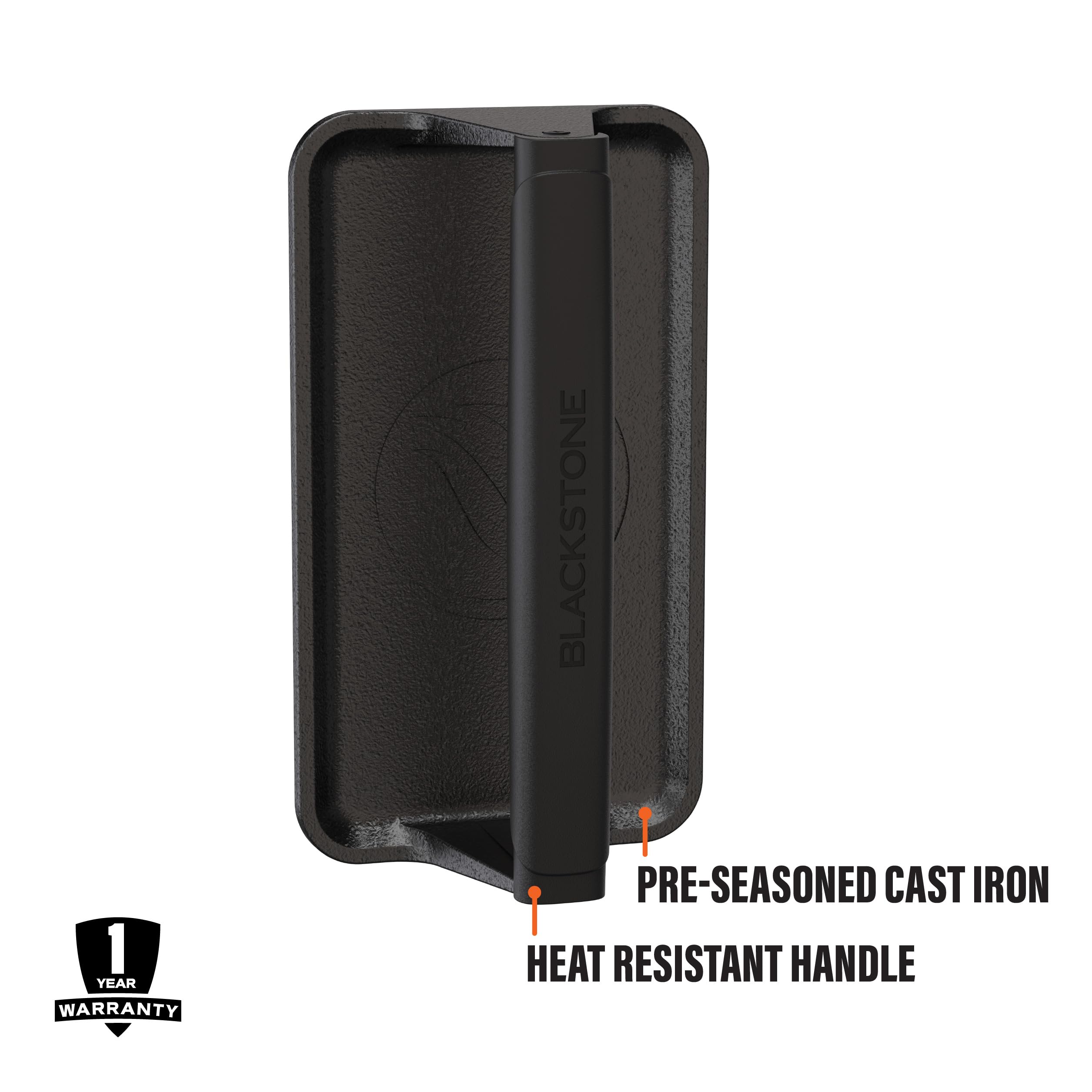 Blackstone 5553 Pre-Seasoned Cast Iron Griddle Press Medium Heavy Duty-Meat, Burger, Bacon, Steak, Panini, Sandwich, Sausage Heat Resistant Rubber Handle-10” x 5.5” (Rectangle), Black