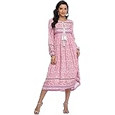 VintageClothing Women's Long Sleeve Bohemian Midi Dresses Summer Floral Retro V Neck Tassel Casual Dress