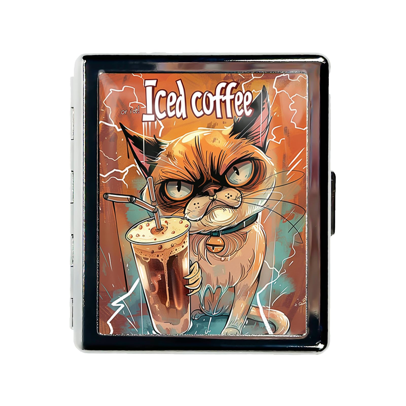 Photo 1 of Metal Pill Organizer Box with Mirror – 8 Compartment Chrome Pill Case, Pocket-Size Travel Pill Container for Vitamins, Seniors, Daily Use (Grumpy Cat Iced Coffee)