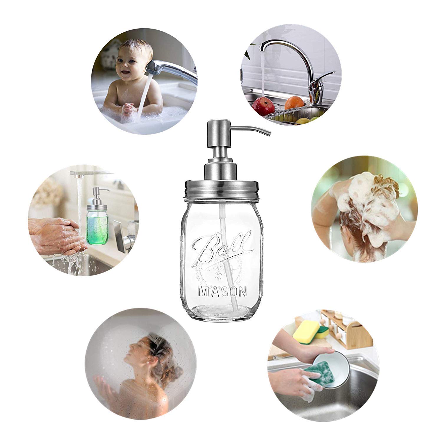 Leopardprintfans Rust Proof Mason Jar Lotion Soap Dispenser Lid-Clear Glass，304 Stainless Steel，16 Ounce