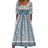 Kubsid Womens Boho Dress Summer Casual 2026 Short Sleeve Loose Fit Floral Maxi Dress Flowy Beach Vintage Sundress