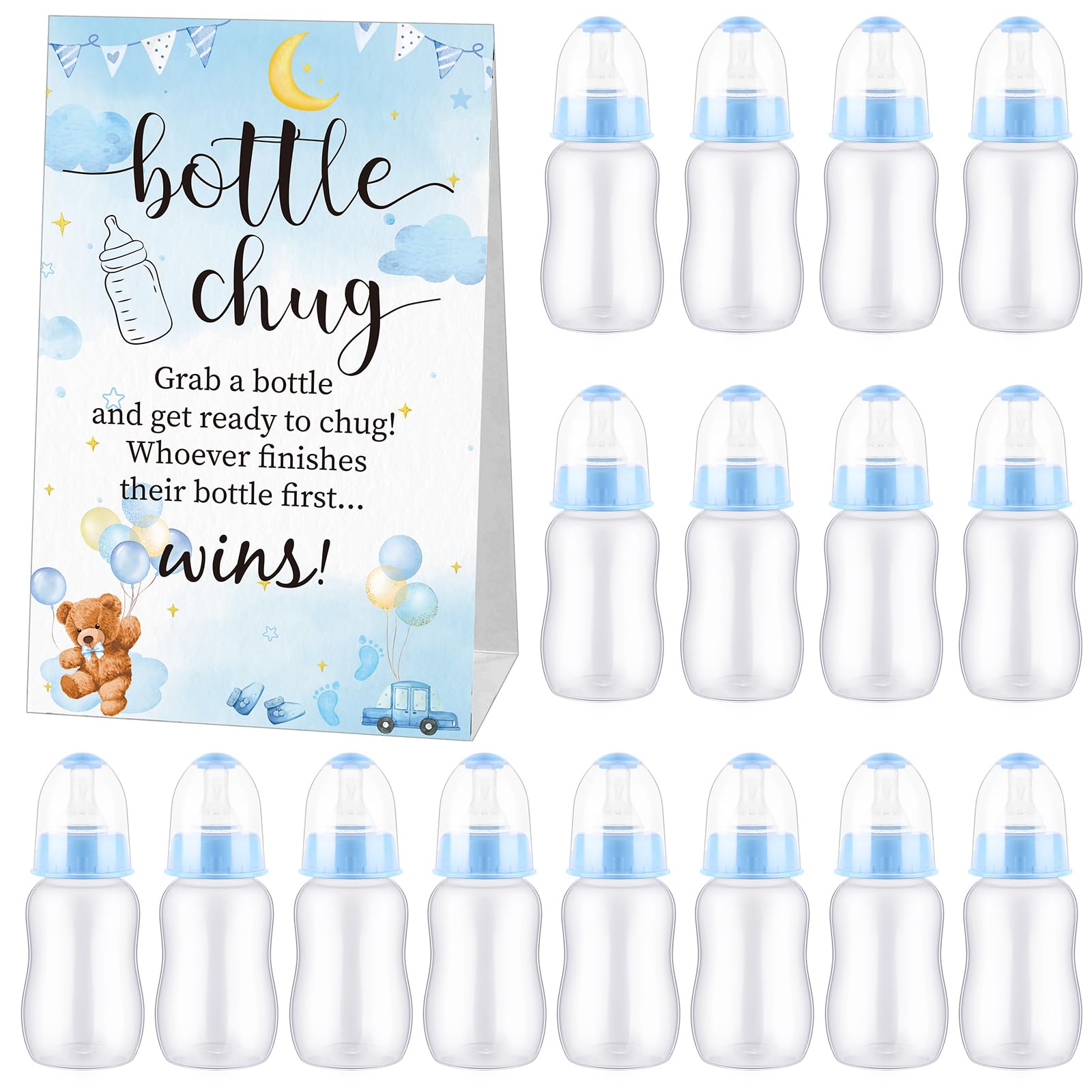 Photo 1 of TrelaCo Bottle Chug Baby Shower Game 20 Pcs Baby Bottles Shower Favor with 1 Cute Bear Theme Sign for Gender Reveal Party Supplies Gifts(Blue)