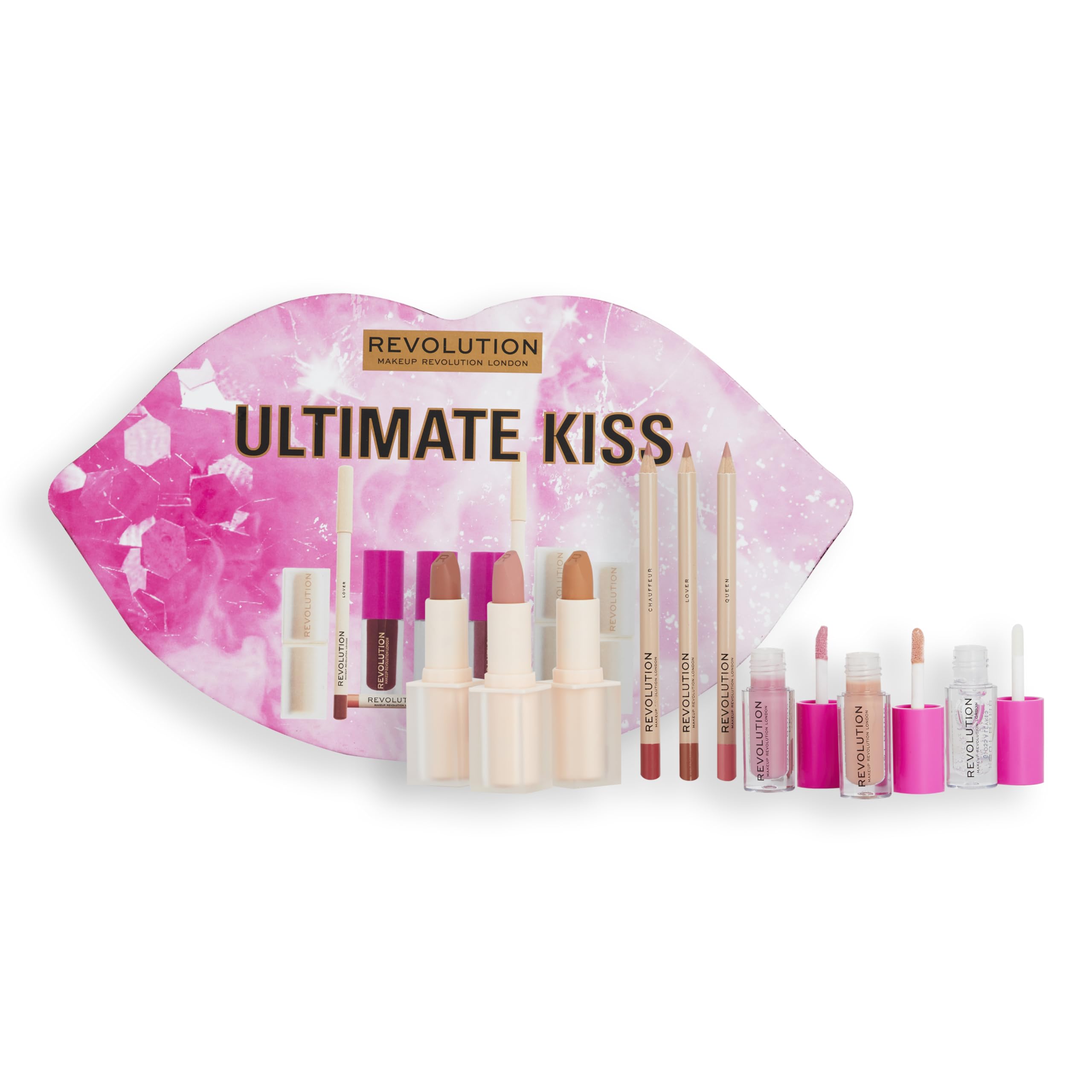 Makeup Revolution Ultimate Kiss Gift Set, Lip Glosses, Lipsticks & Lip Liners Included, 9 Products Total