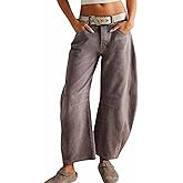 Womens Stretchy Mid Rise Barrel Jeans Vintage Loose Wide Leg Cropped Denim Pants Y2k Baggy Boyfriend Jeans