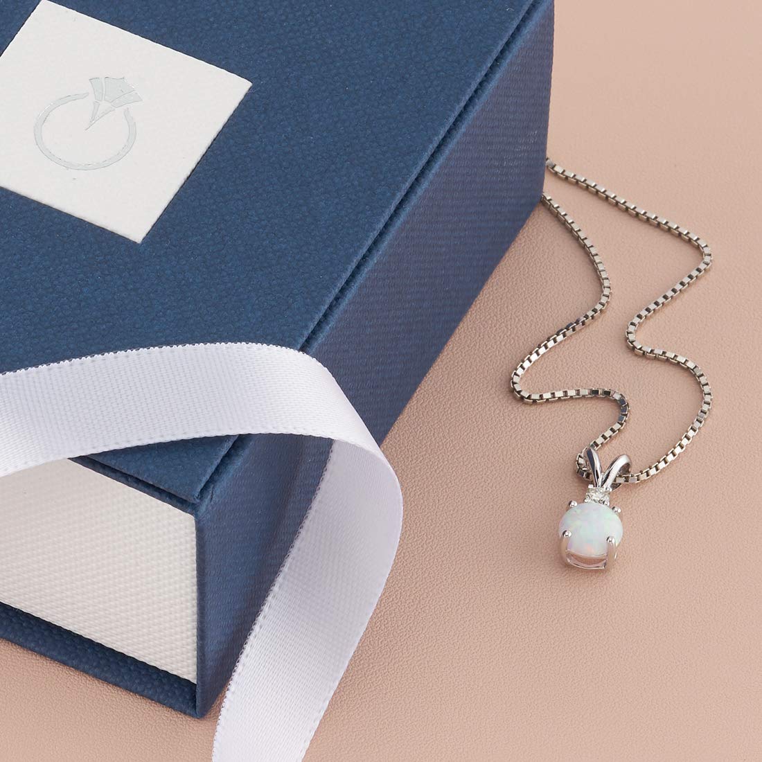 Peora 14K White Gold Created Blue Opal Pendant With Genuine Diamond Accent - 6.5mm Round Solitaire (Includes Silver Chain) - View #13