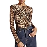 SHENHE Women's Casual Leopard Print Long Sleeve Tops Round Neck Slim Fitted Twist Front Shirt