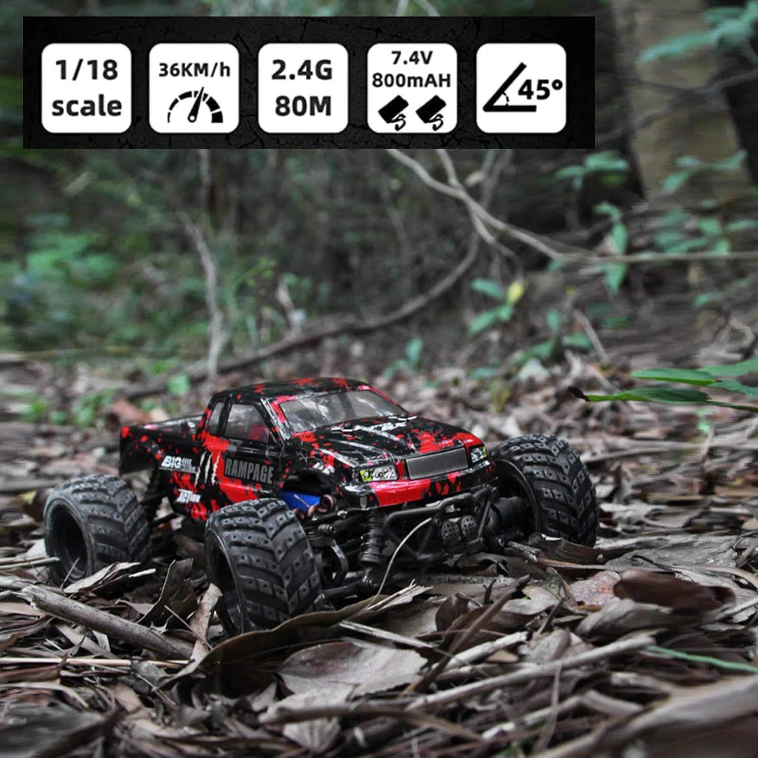 HAIBOXING 1:18 Scale All Terrain RC Car 36KM/H High Speed, 4WD Electric Vehicle,2.4 GHz Radio Controller, Included 2 Batteries and A Charger,Waterproof Off-Road Truck (Red): Toys & Games