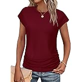 SAMPEEL Womens Summer Tops Trendy 2025 Ruched Cap Short Sleeve Tshirts Shirts Crew Neck T Shirts Fashion