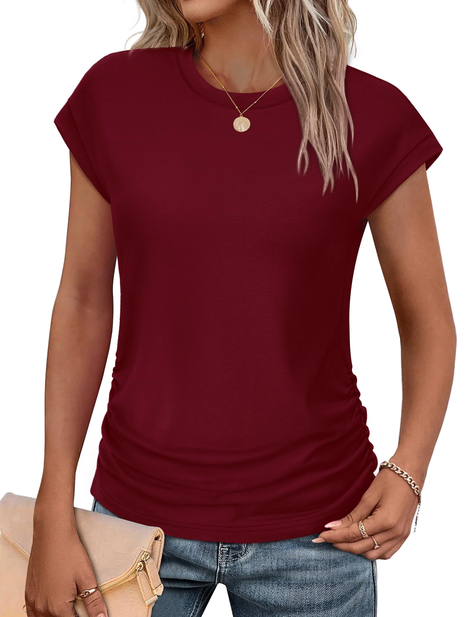 Photo 1 of Womens T Shirts Loose Fit Cap Sleeve Summer Tops Work Business Casual Outfits Solid Color Tshirts Burgundy L