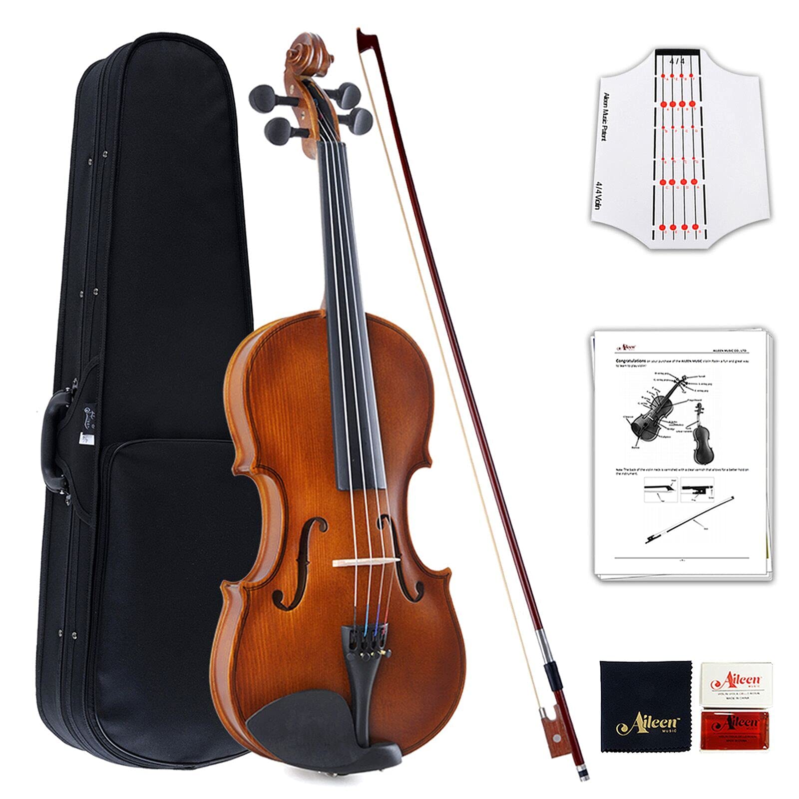 Aileen Violin 4/4 Full Size for Beginners with Fingerboard Sticker, User Manual, Hard Case, Bow, Rosin, Bridge, and Polishing Cloth