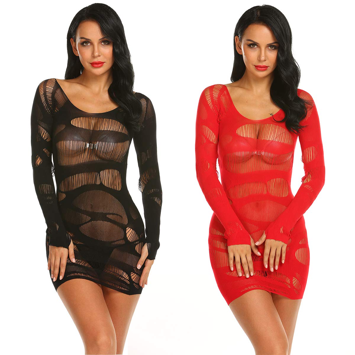 LOVELYBOBO 2 Pack Women's Mesh Lingerie for Women Fishnet Babydoll Mini Dress Long Sleeve Chemise Dress (Black+Red)