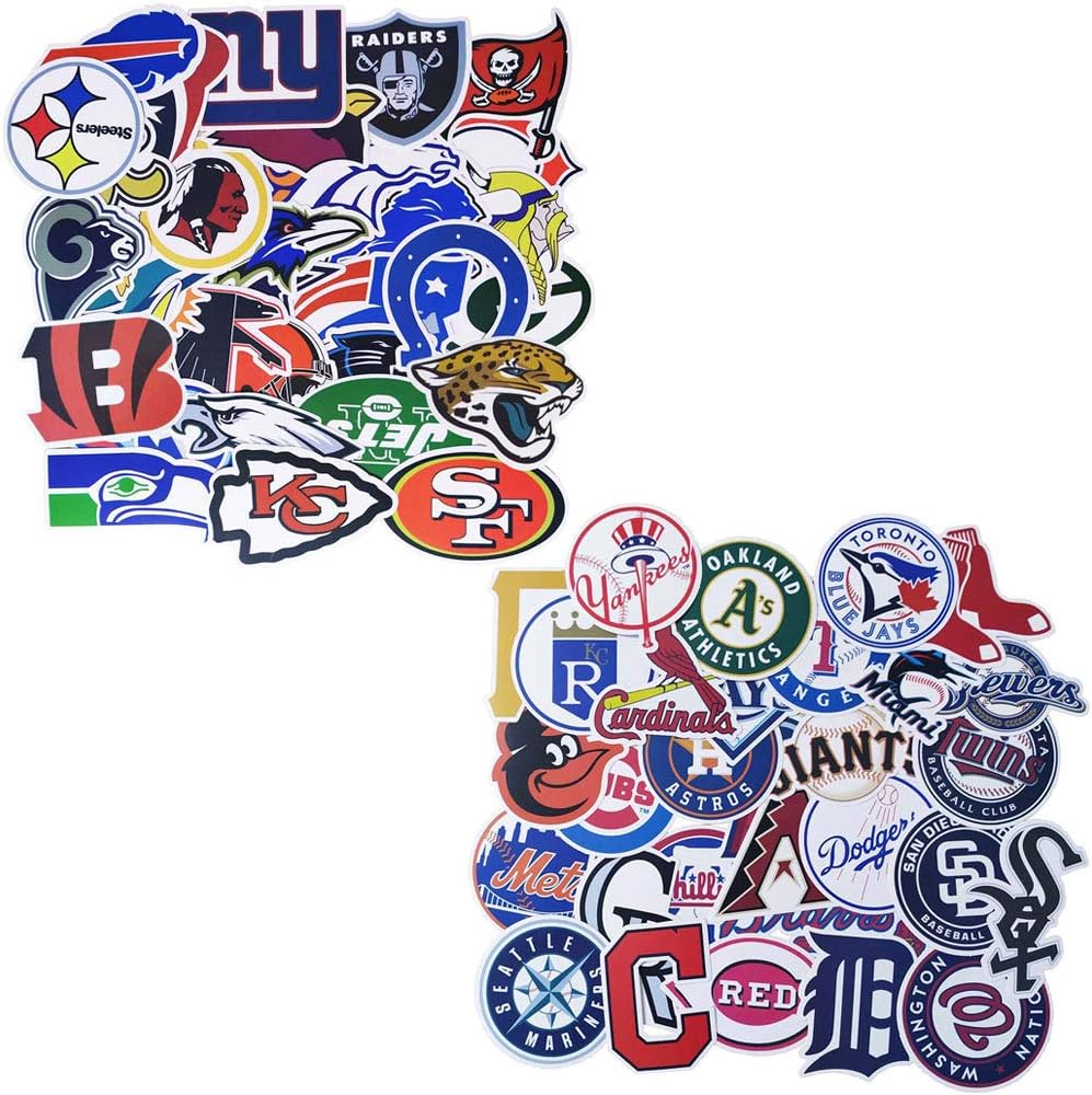 Ratgoo Stickers of NFL and MLB 62Pcs, Waterproof Vinyl Sports Fan Decals of National Major Football Baseball League All Teams Logos 32+30, American Sports Fan Sticker for Laptop Waterproof Hydroflask