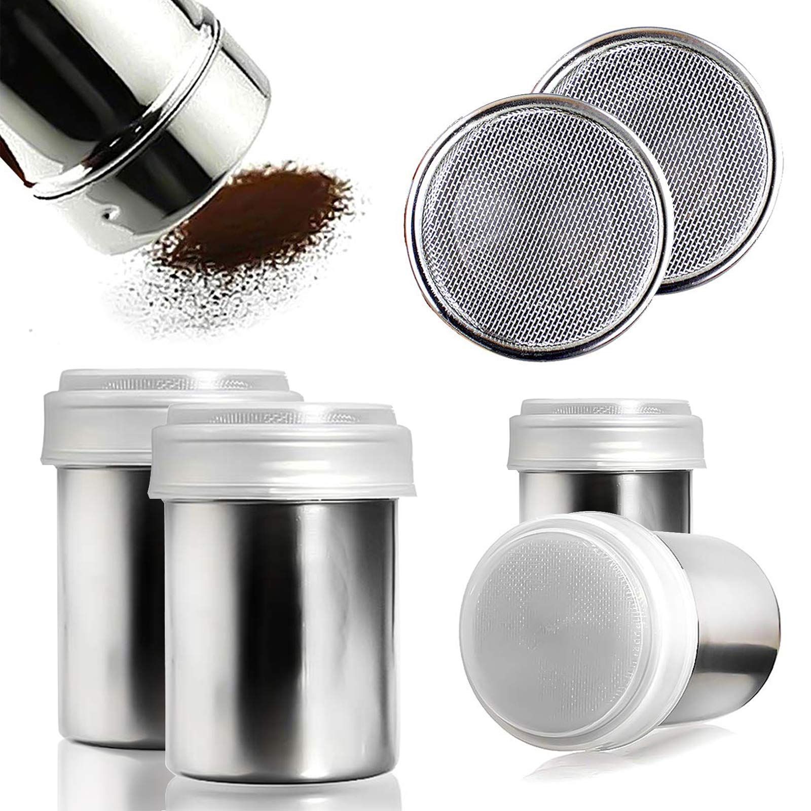 HANSGO 2 Set Powder Sugar Shakers, Stainless Steel Powder Shaker Mesh Shaker Powder Cans for Salt Coffee Cocoa Cinnamon Powder Seasoning Cans with Lid