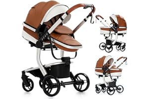 SUPPERBEBE PU Leather 2 in 1 Baby Stroller with Bassinet Convertible Reversible Standard Baby Pram Portable Pushchair Infant Buggy Baby Carriage Foldable High Landscape Pram for Toddler Newborn (2US518-Khaki)