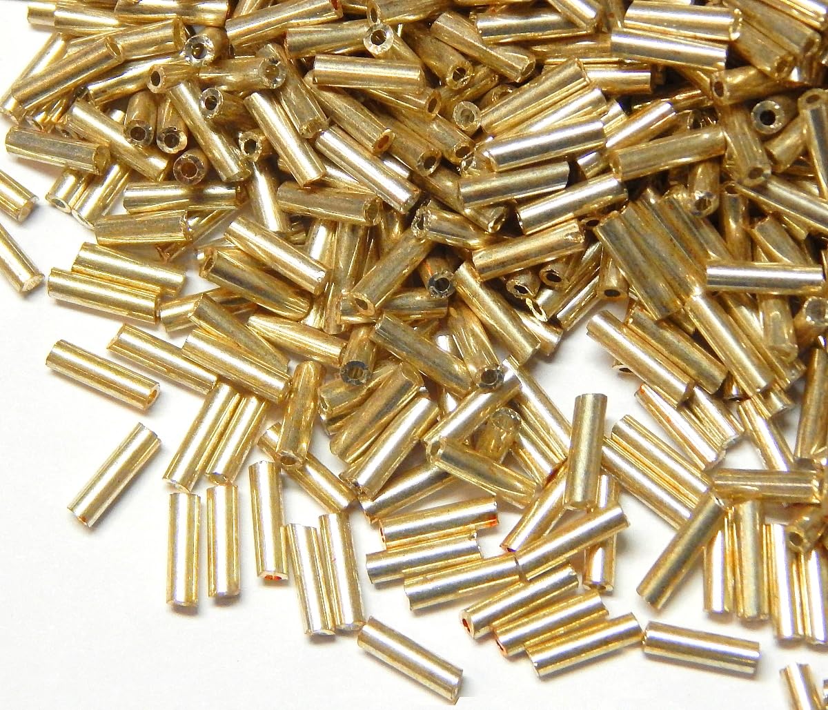 3300 Glass Beads Bugle Tube Gold Metallic 6 x 2 mm