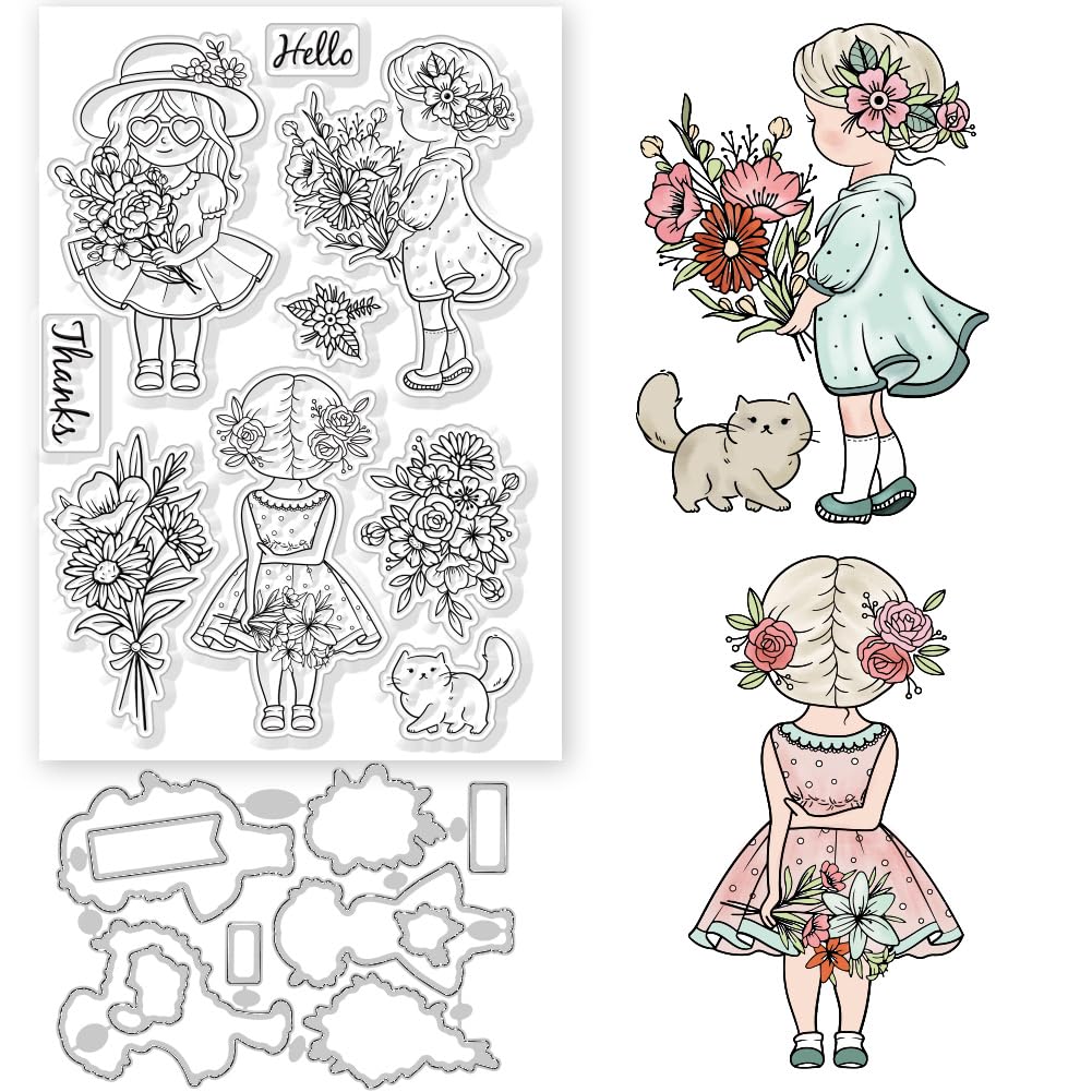 GLOBLELAND Flower Bouquet and Lady Clear Stamps and Metal Cutting Dies Set for DIY Scrapbooking Photo Album Decorative Cards Making Embossing Album Crafts